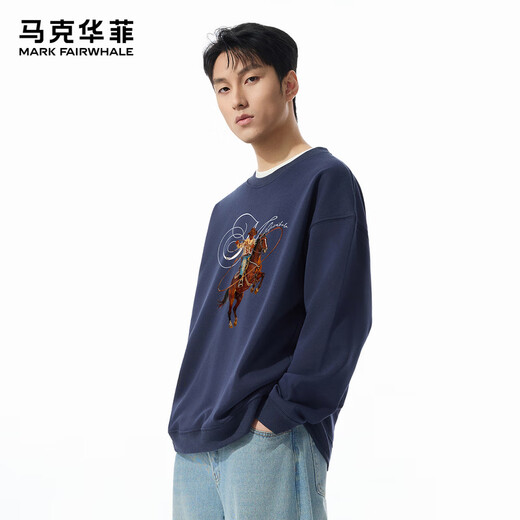 Mark Huafei Year of the Horse Series Men's Sweater Round Neck Velvet War Horse Sweater Men's Underwear Navy Blue M
