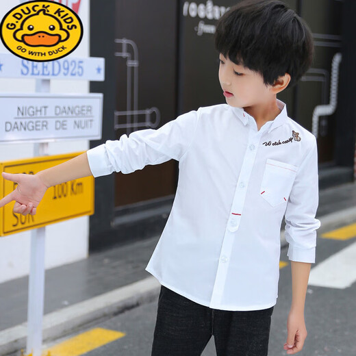 G.duck3-16 years old children's white shirt male spring and autumn middle and older children cotton school uniform primary school student white shirt thin boy long sleeve white kitten style 170 cm