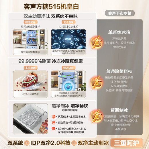 Rongsheng Cube Sugar 515L French-style multi-door refrigerator dual system ultra-thin zero-embedded household automatic ice making first-level energy efficiency BCD-515P60FZNAD white national subsidy World Cup 60cm true zero-embedded | bottom cooling ultra-clean automatic ice making