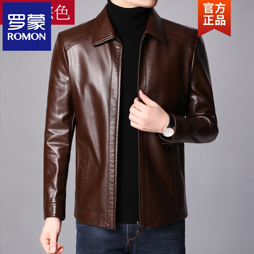 ROMON autumn and winter Haining leather jacket men's loose lapel plus velvet thickened sheepskin leather jacket men's leather jacket dad wear lapel black 3XL 190 180-200Jin Jin equals 0.5 kg