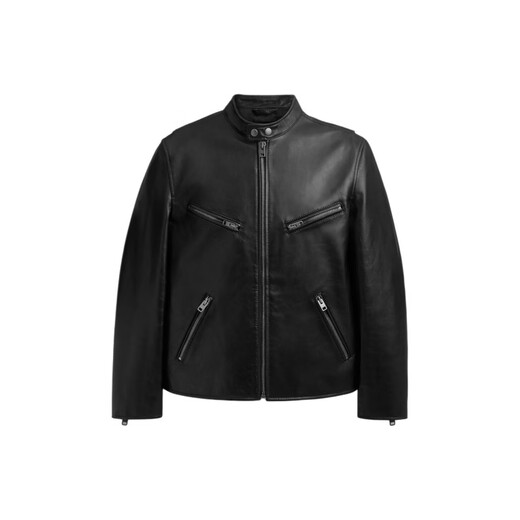 COACH RACER solid color round neck zipper long-sleeved leather jacket men's black black S