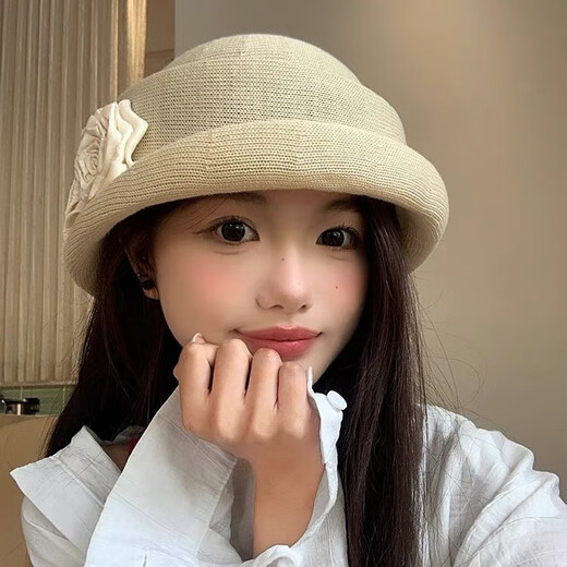 Zunti hat women's camellia curled linen beret spring thin breathable face-showing Little Hepburn style top hat painter's hat beige one size