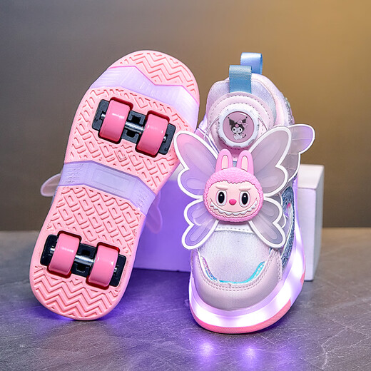 Woodpecker Girls' Labu Bu Luminous Four-Wheel Heelys Shoes 2025 Autumn and Winter Children's Girls Roller Leather Skates Pink High Quality Rechargeable Luminous Shoes 28