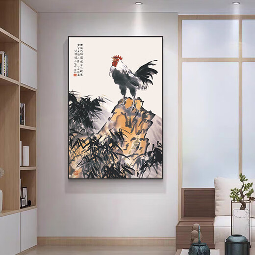 Chinese style rooster entrance feng shui fortune hanging painting study background wall rooster picture golden rooster crowing decorative painting ink H 70x100cm high-end crystal glossy aluminum alloy gold frame