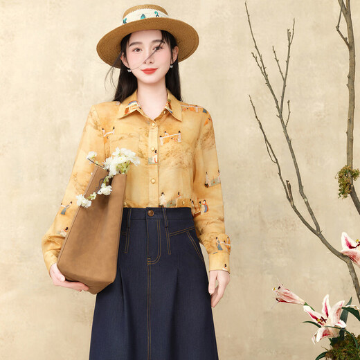 Su Luo's original <Pounding Practice Picture Yunli Imperial City 2> Spring new style national trend printed casual loose shirt 篾黄 S
