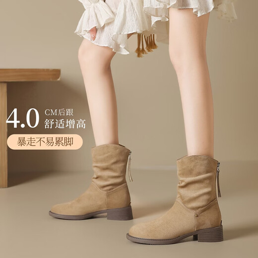 ZHR sheep cashmere elastic boots for women 2025 winter new style plus velvet retro short boots to keep warm and comfortable pile boots khaki 35