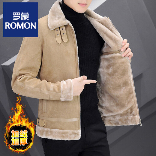 ROMON winter coat men's short windbreaker fur integrated velvet thickened sherpa jacket motorcycle jacket khaki M