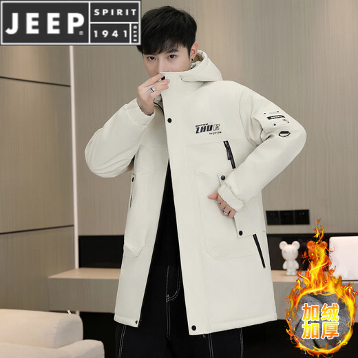 JEEP SPIRIT2025冬季加绒加厚风衣男外套韩版休闲青年连帽保暖中长款夹克上衣 米白色 M 适合95-115斤