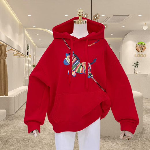 Children's velvet red sweatshirt 2026 Year of the Horse and zodiac year parent-child wear Spring and Autumn Thin Style-Big Red-Colorful Pony_Shopping mall quality 110 cm_Children's clothing without hooded rope