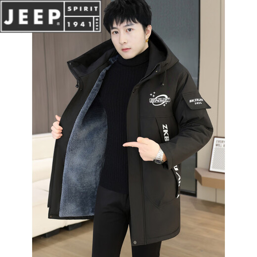 JEEP SPIRIT winter parka men's cotton coat plus velvet thickened jacket men's trendy winter cotton coat mid-length windbreaker warm jacket 682 black plus velvet and thickened M 95-110Jin Jin equals 0.5 kg