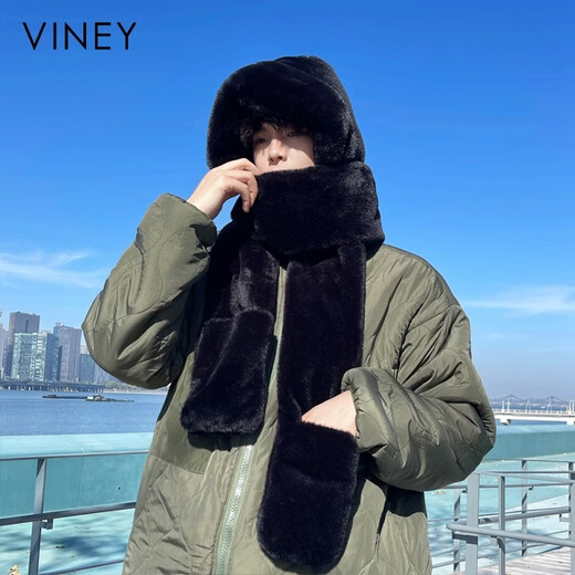 Viney hat scarf men's 2025 new winter ear protection plush gloves hooded neck scarf one-piece three-piece set trendy black Black birthday gift for boyfriend boyfriend husband boy dad practical father one size