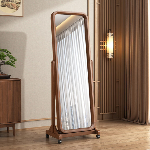 树语枫中式实木全身镜家用卧室穿衣镜大镜面可调节客厅可移动立式试衣镜 胡桃色-【高清防爆银镜】