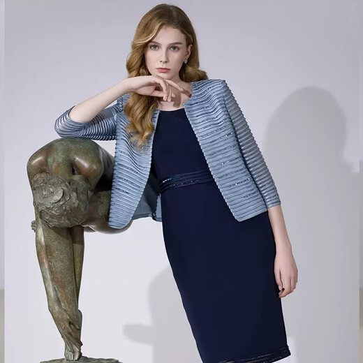 White-collar fog blue hollow striped sequin round neck three-quarter sleeve hook top GNY0FA601 fog blue L (165)