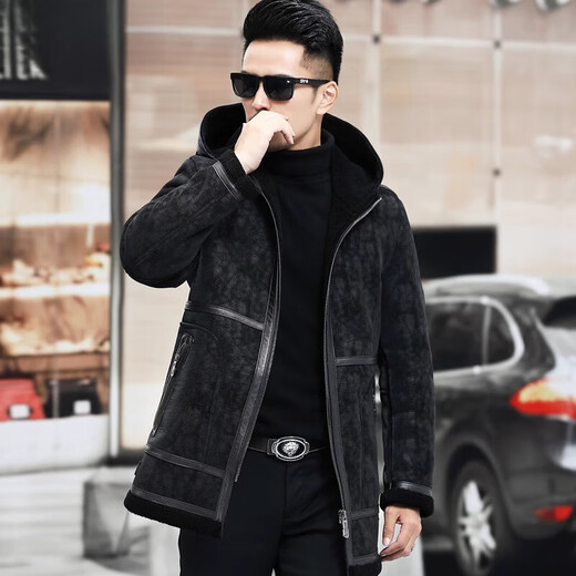 CHEVALPES international first-line brand genuine leather jacket for men, cowhide wool liner, imitation fur one-piece sheep sheared large windbreaker, black M 165
