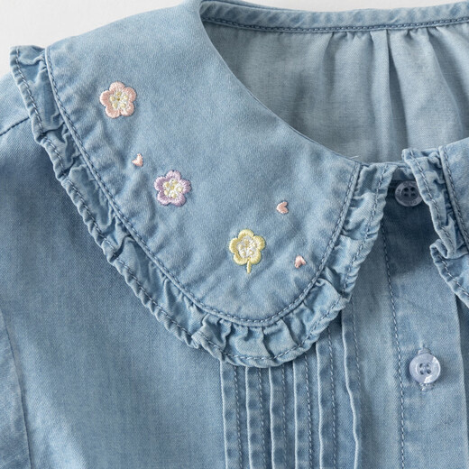 DAVE&BELLA children's shirts 2026 spring new pure cotton girls' denim shirts for baby girls long-sleeved tops children's clothes denim blue ready stock 120 cm (recommended height 110-120cm)