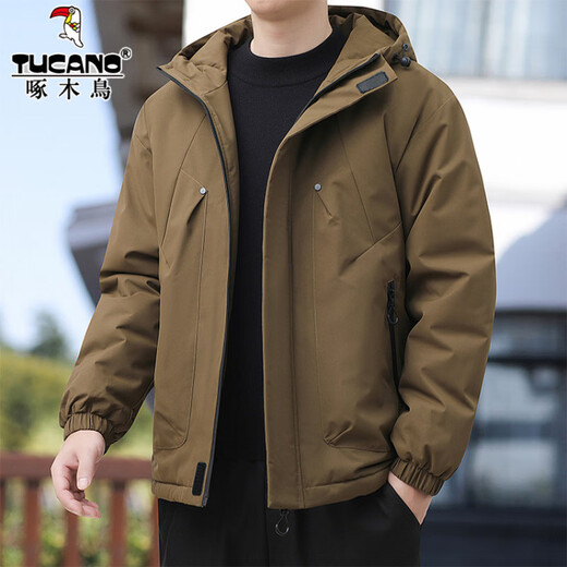 Woodpecker cold-resistant cotton coat men's winter fashion versatile plus velvet thickened bread coat hooded cotton jacket large size warm cotton coat 87022 black L