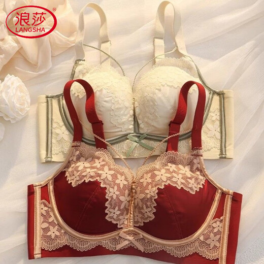 LangSha (LangSha) Sternzeichen-Jahre-Rot-Unterwäsche für Frauen mit kleinen Brüsten, Push-up, ohne Ränder, verstellbares Hochzeit-Braut-Spitzen-Sexy-BH-Set, Ancora-Rot-Set 80A 36B