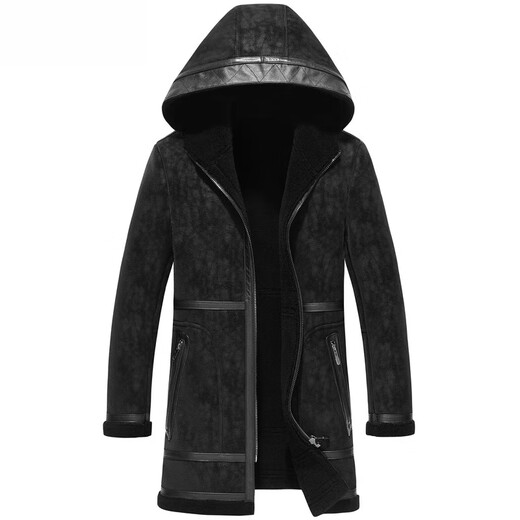 CHEVALPES international first-line brand genuine leather jacket for men, cowhide wool liner, imitation fur one-piece sheep sheared large windbreaker, black M 165