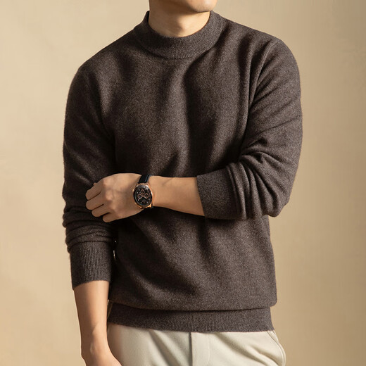 DVW男士羊毛衫秋冬半高领长袖含牦牛绒纯色打底针织老钱风毛衣 高端烟叶棕 M 适合100-120斤	