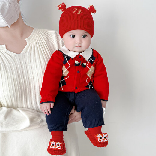 BORBOON B baby winter jumpsuit red festive one-year-old New Year's greetings suit for baby boy plus velvet thickened autumn and winter romper plus velvet 7223 hayi 66cm
