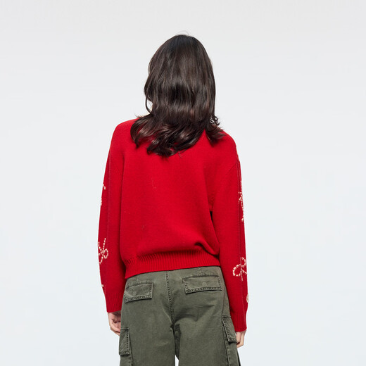 UOOYAA/Wuya 2026 Spring New Fantasy Carnival Bead Embroidery Bow Red Pullover Sweater Red M