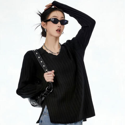 ICH MODE American sweater women's spring and autumn loose inner knitted bottoming shirt long-sleeved lazy style top black S