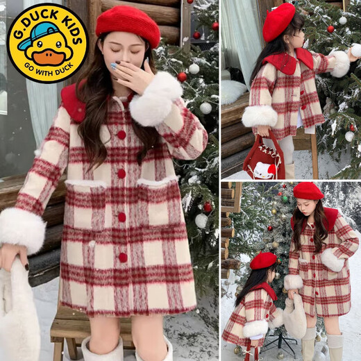 G.duck parent-child clothing, winter mother-daughter clothing, quilted woolen plaid coat, big children's princess style coat, western style battle coat, quilted plaid jacket (the size must be ordered separately) 80 girls (17-22Jin Jin is equal to 0.5 kg)