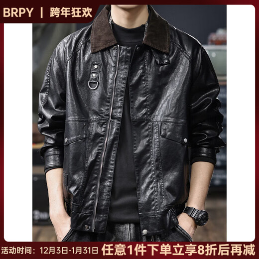 BRPY American high-end retro old money style leather jacket for men 2025 autumn and winter new fashion handsome men's PU leather jacket black M suitable for 100-125Jin Jin equals 0.5 kg