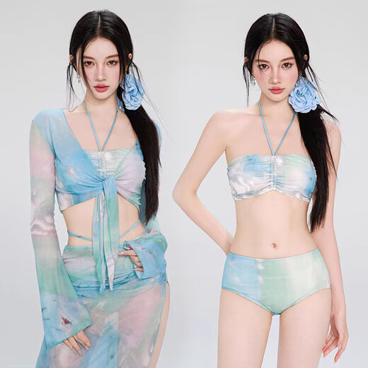 Shijanu swimsuit women's split bikini four-piece long-sleeved long skirt sun protection European and American new swimwear vacation seaside hot spring blue one size fits all (recommended 70-120 Jin Jin equals 0.5 kg) wholesale please buy one size