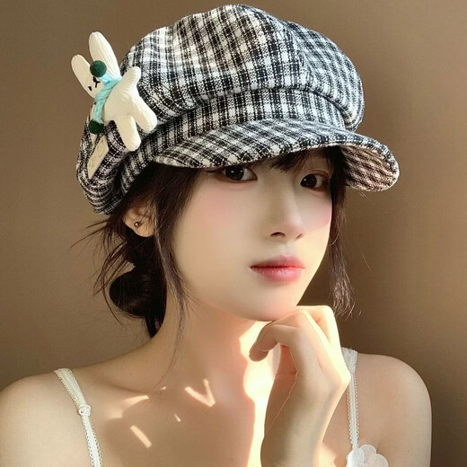 QUEEN TRIP Japanese cartoon doll retro plaid octagonal hat spring and autumn versatile cloud beret painter newsboy hat trendy Japanese doll painter hat black