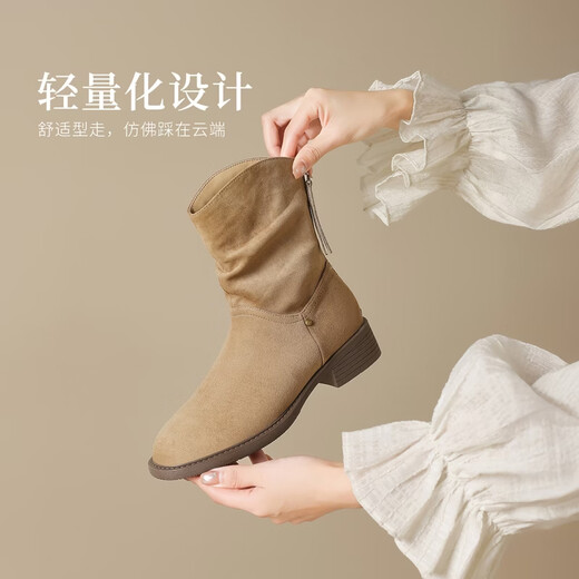ZHR sheep cashmere elastic boots for women 2025 winter new style plus velvet retro short boots to keep warm and comfortable pile boots khaki 35