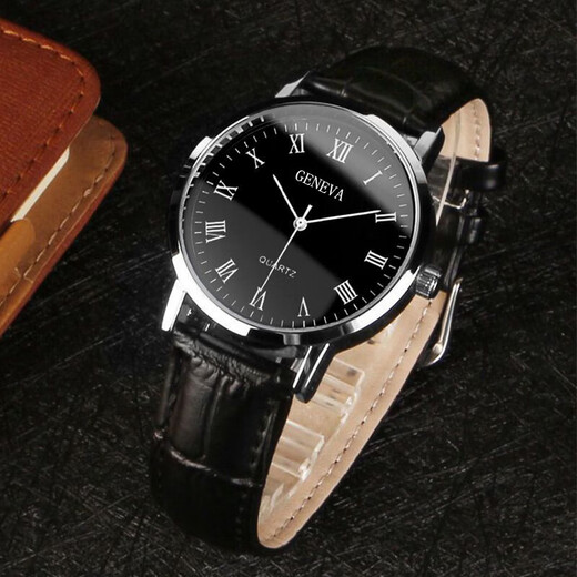 Men's watch European style simple and elegant trendy casual watch Roman scale blue light glass dial black belt black plate
