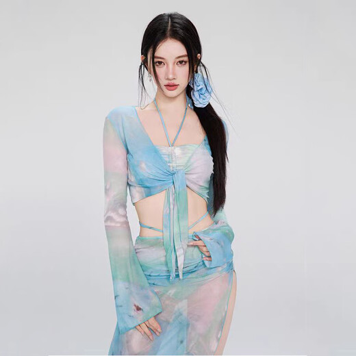 Shijanu swimsuit women's split bikini four-piece long-sleeved long skirt sun protection European and American new swimwear vacation seaside hot spring blue one size fits all (recommended 70-120 Jin Jin equals 0.5 kg) wholesale please buy one size