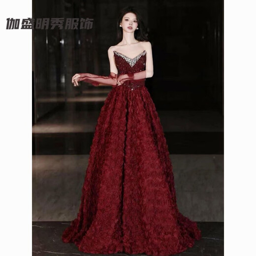 Meianjia Toast Wear Bridal Light Luxurious New Engagement Dress Burgundy Temperament Beautiful Rose Light Wedding Dress Burgundy L