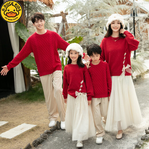 G.duck New Year red parent-child outfit for girls sweet bow pullover sweater fashionable mother-daughter outfit family portrait sweater trendy hot sale red (bow tie) 80 children