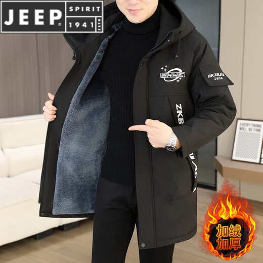 JEEP SPIRIT winter parka men's cotton coat plus velvet thickened jacket men's trendy winter cotton coat mid-length windbreaker warm jacket 682 black plus velvet and thickened M 95-110Jin Jin equals 0.5 kg