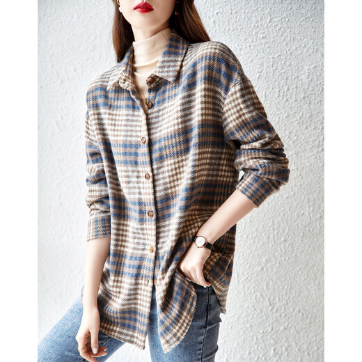 Demana retro commuter layered plaid simple loose off-shoulder shirt contrasting color warm shirt women's top