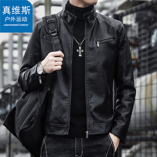 Jeanswest Outdoor Sports Jacket Men's Autumn and Winter Slim Leather Jacket Motorcycle Wear Casual Trendy Stand Collar Top Black XL