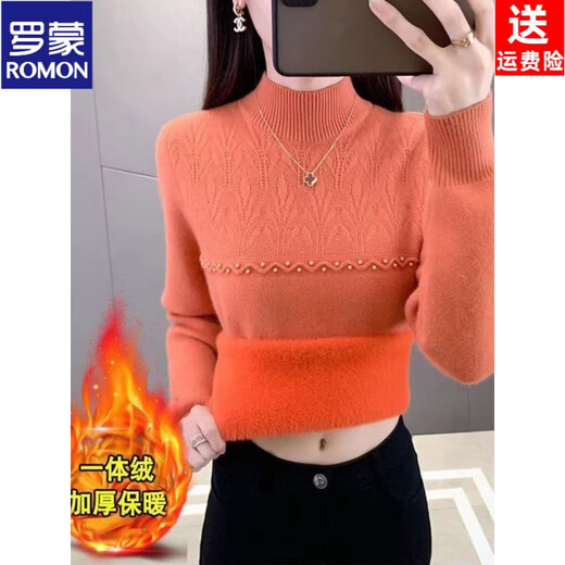 ROMON brand women's all-in-one velvet thickened bottoming sweater for women 26 autumn and winter new half turtleneck women's thermal top black high quality quality assurance M recommended weight 106Jin Jin equals 0.5kg -120Jin Jin equals 0.5kg