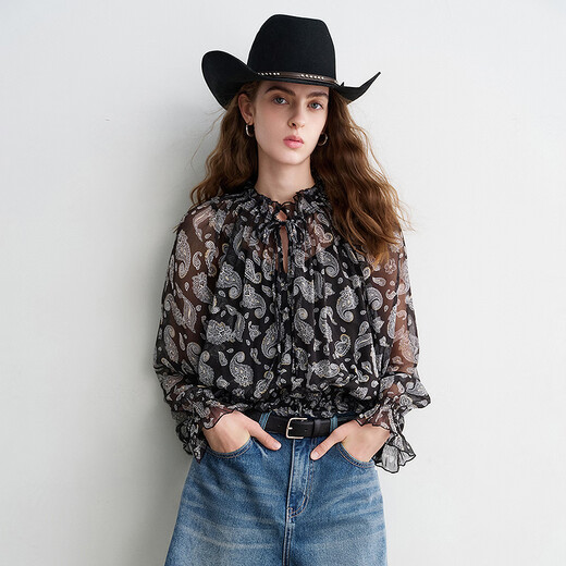 Chuyu 2026 Spring New Ximia Lanlan Lightweight Chiffon Printed Shirt Suspender Two-piece Set Black Bottom Print XL