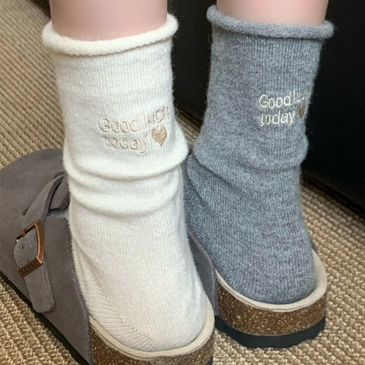 Curled wool velvet socks for women in autumn and winter ins trend mid-tube socks with velvet and thickening to keep warm during sleep and confinement, milk white apricot gray blue black 5 pairs, one size fits all, thickened wool lasting warmth