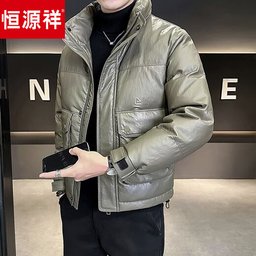 Hengyuanxiang down jacket men's winter 2026 new hooded short style high-end thickened warm jacket military green L 115-130Jin Jin equals 0.5 kg
