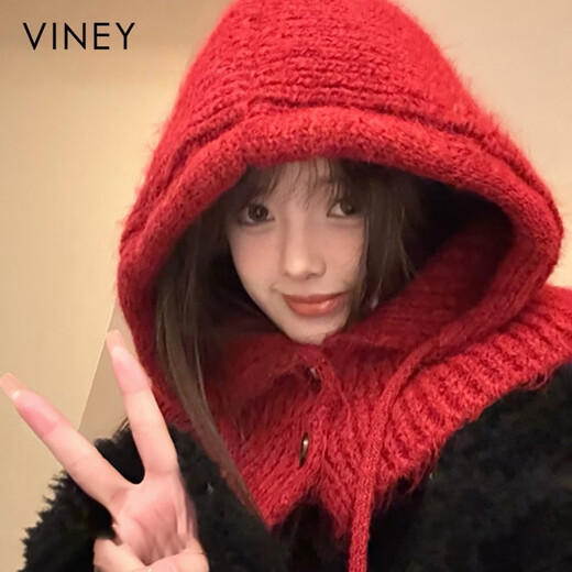 Viney balaclava hat for women in autumn and winter scarf hat one-piece knitted woolen hat warm thunder hat ancora red birthday gift for girlfriend wife valentine's day girlfriend 3.8 goddess day women one size
