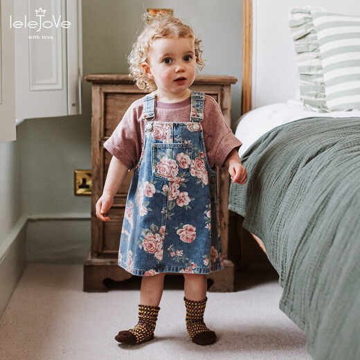 LELE JOVElelejove Nordic style girls' denim suspender skirt 26 spring new baby girl hand-painted rose print denim skirt pre-sale mist rose 80 cm