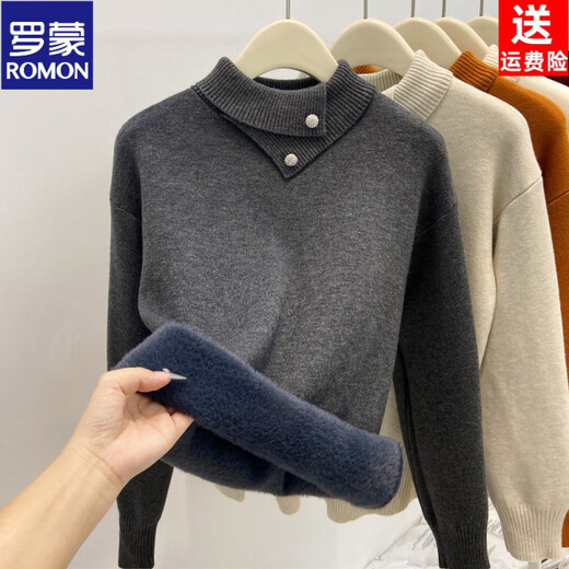 ROMON one-piece velvet thickened velvet lapel bottoming shirt for women autumn and winter new solid color loose button sweater versatile sweater oatmeal color thickened one-piece velvet S recommended 80-105Jin Jin equals 0.5 kg
