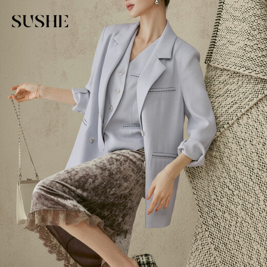 SUSHE clear string commuting style custom-dyed Tencel decorative topstitch blazer/vest/trousers suit ice water blue-jacket M