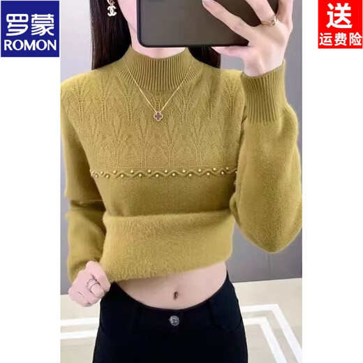 ROMON brand women's all-in-one velvet thickened bottoming sweater for women 26 autumn and winter new half turtleneck women's thermal top black high quality quality assurance M recommended weight 106Jin Jin equals 0.5kg -120Jin Jin equals 0.5kg