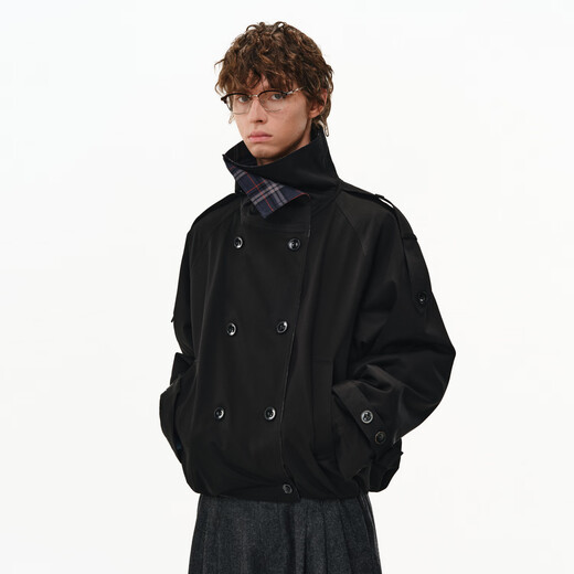 PCLP retro splicing plaid windbreaker jacket winter national fashion multi-wear silhouette stand-up collar design windbreaker jacket black S