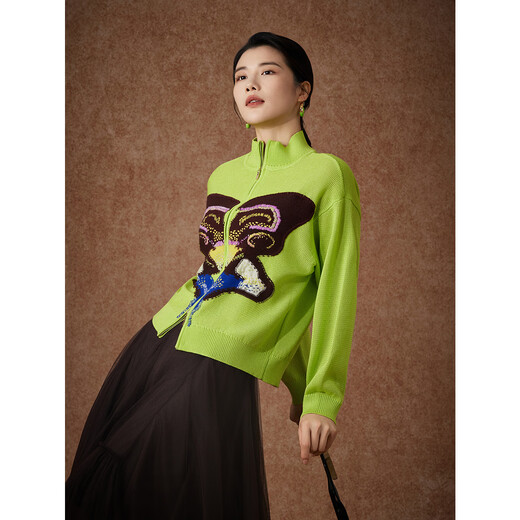 BBLLUUEE Butterfly Pattern Aesthetics Pink Blue Wardrobe 2026 Spring New Style Butterfly Rhyme Sichuan Embroidery Women's Artistic Contrast Color Knitted Sweater Yunliu Green M