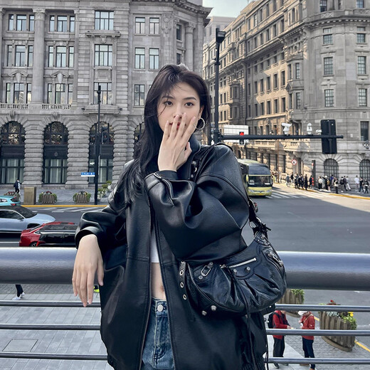 GARNUO Black Leather Jacket Women's High-Quality Small 2025 New Spring Autumn Winter American Retro Motorcycle Leather Jacket Black M 106-125Jin Jin is equal to 0.5 kg